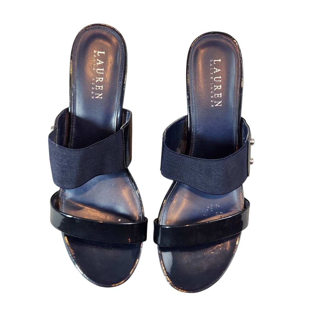 Lauren Ralph Lauren Wedge Sandals Womens 10B Navy Blue Patent Elastic Slides